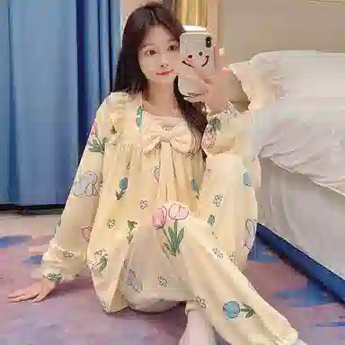 静英鸾 德绒长袖长裤方领套头可爱卡通花朵兔子两件套家居服秋冬季保暖套装 女款