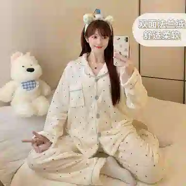 静英鸾 法兰绒保暖加绒加厚满印波点甜美翻领开衫长袖长裤休闲家居服睡衣套装 女款