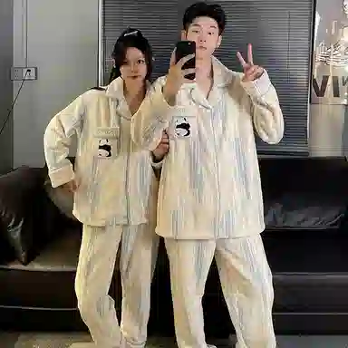 静英鸾 德绒保暖加厚翻领开衫卡通熊猫长袖长裤休闲情侣家居服秋冬季睡衣套装 男女同款