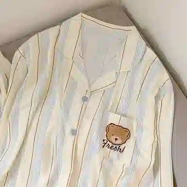 静英鸾 翻领开衫卡通条纹小熊可爱长袖长裤休闲家居服秋冬季睡衣套装 女款