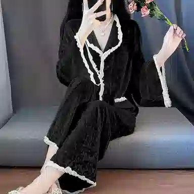 静英鸾 简约纯色高级感方领开衫长袖长裤休闲家居服秋冬季睡衣套装 女款