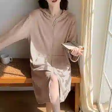 静英鸾 德绒长袖长裙连帽拉链纯色简约柔软休闲家居服秋冬季保暖套装 女款