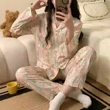 静英鸾 翻领植物花卉满印时尚甜美风休闲舒适家居服睡衣套装 女款