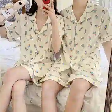 静英鸾 家居情侣可爱小熊图案短袖短裤简约设计服睡衣礼盒 男女同款