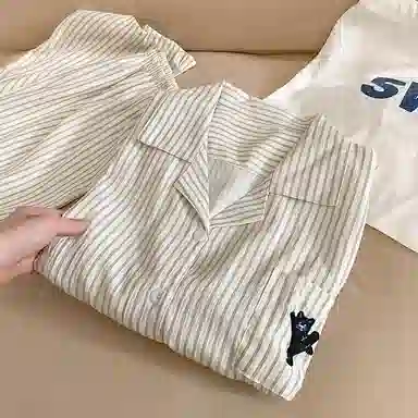 静英鸾 情侣舒适简约条纹卡通图案长袖长裤家居服睡衣套装 男女同款