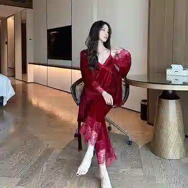 静英鸾 金丝绒长袖睡袍吊带长裤纯色花边性感家居服秋冬季睡衣套装 女款