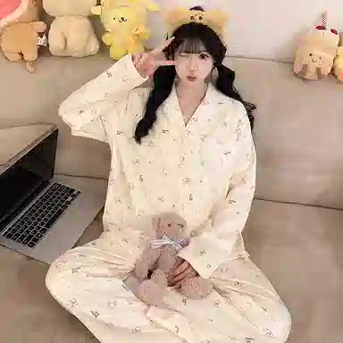 静英鸾 海岛绒保暖加厚长袖长裤翻领开衫甜美卡通兔子家居服冬季睡衣套装 女款