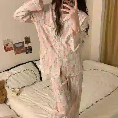 静英鸾 翻领植物花卉满印时尚甜美风休闲舒适家居服睡衣套装 女款