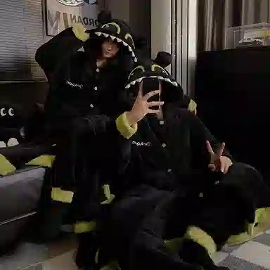 静英鸾 珊瑚绒加厚加绒中长款卡通可爱小怪兽连帽睡袍秋冬季保暖家居服睡衣套装 男女同款