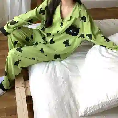 静英鸾 透气舒适简约开衫卡通小猫图案家居服睡衣套装 女款