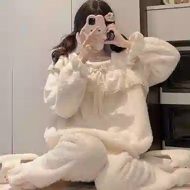 静英鸾 秋冬季纯色甜美风珊瑚绒加绒加厚保暖休闲舒适家居服睡衣套装 女款