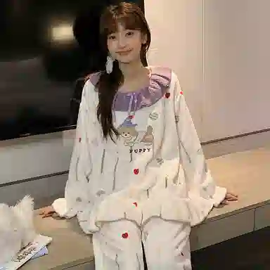 静英鸾 休闲时尚甜美可爱卡通小狗保暖亲肤舒适可外穿家居服睡衣套装 女款