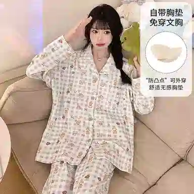 静英鸾 带胸垫长袖长裤翻领开衫卡通格子兔子小熊家居服睡衣套装 女款