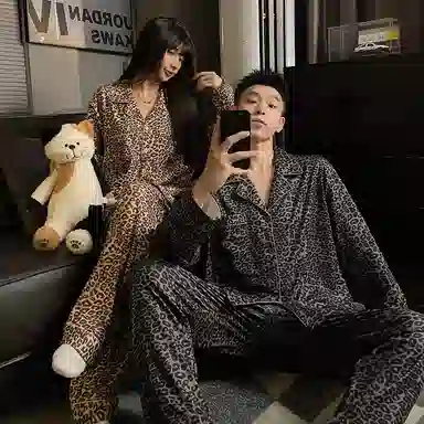静英鸾 豹纹满印翻领开衫长袖长裤休闲情侣家居服秋冬季睡衣套装 男女同款