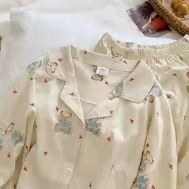 静英鸾 翻领卡通小熊蝴蝶结满印甜美风休闲舒适家居服睡衣套装 女款
