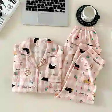 静英鸾 斑点狗满印翻领设计简约舒适可外穿家居服睡衣套装 女款