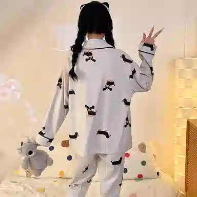 静英鸾 德绒长袖长裤翻领开衫可爱卡通小狗休闲两件套家居服秋冬季睡衣套装 女款