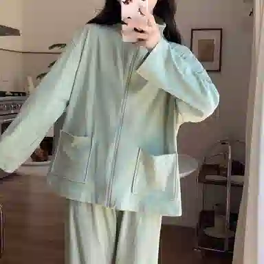 静英鸾 德绒长袖长裤翻领拉链带口袋纯色简约小清新两件套家居服秋冬季保暖套装 女款
