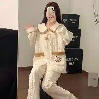 静英鸾 珊瑚绒三层夹棉保暖加绒加厚长袖长裤可爱甜美蝴蝶家居服冬季睡衣套装 女款