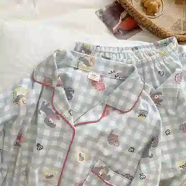 静英鸾 翻领格子可爱小狗甜美风休闲舒适家居服睡衣套装 女款