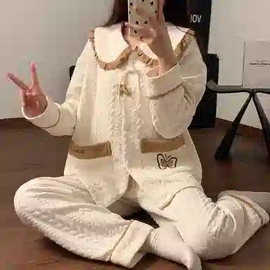 静英鸾 珊瑚绒三层夹棉保暖加绒加厚长袖长裤可爱甜美蝴蝶家居服冬季睡衣套装 女款