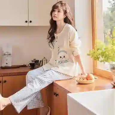 静英鸾 春秋季简约可爱卡通蝴蝶结小猫咪休闲亲肤舒适家居服睡衣套装 女款