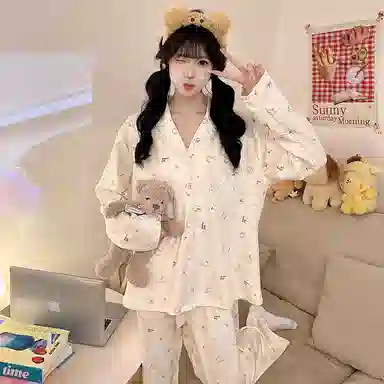 静英鸾 海岛绒保暖加厚长袖长裤翻领开衫甜美卡通兔子家居服冬季睡衣套装 女款