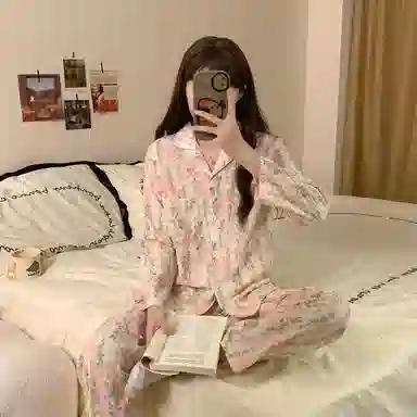 静英鸾 翻领植物花卉满印时尚甜美风休闲舒适家居服睡衣套装 女款