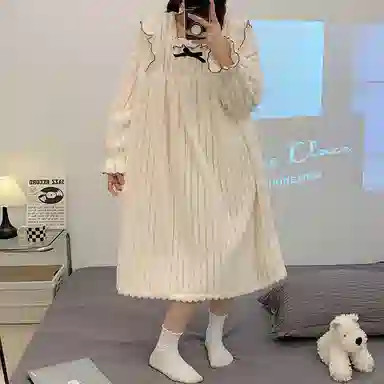 静英鸾 舒适简约长袖保暖加绒方领设计家居服睡裙 女款