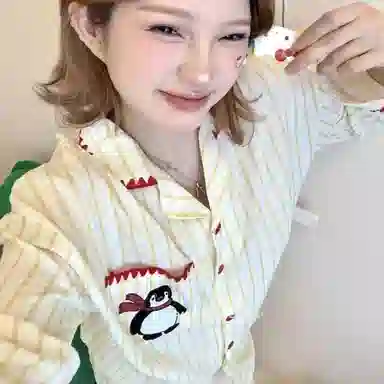 静英鸾 加厚保暖卡通企鹅红领巾翻领开衫长袖长裤休闲家居服睡衣套装 女款