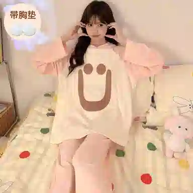 静英鸾 德绒带胸垫长袖长裤圆领套头纯色甜美笑脸家居服秋冬季保暖套装 女款
