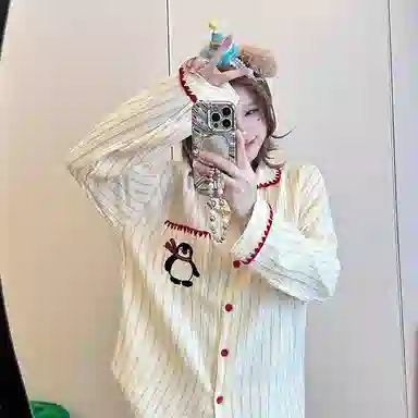 静英鸾 加厚保暖卡通企鹅红领巾翻领开衫长袖长裤休闲家居服睡衣套装 女款