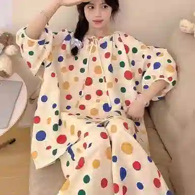 静英鸾 双长休闲舒适简约彩色波点圆领设计家居服睡衣套装 女款