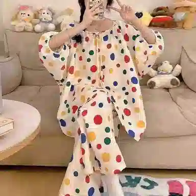 静英鸾 双长休闲舒适简约彩色波点圆领设计家居服睡衣套装 女款
