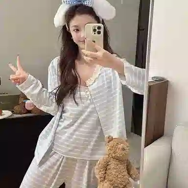 静英鸾 德绒保暖加厚长袖长裤吊带带胸垫可爱甜美条纹舒适休闲三件套家居服秋冬季睡衣套装 女款