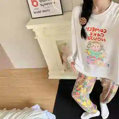 静英鸾 棉质带胸垫长袖长裤圆领套头卡通甜美花朵家居服秋冬季睡衣套装 女款