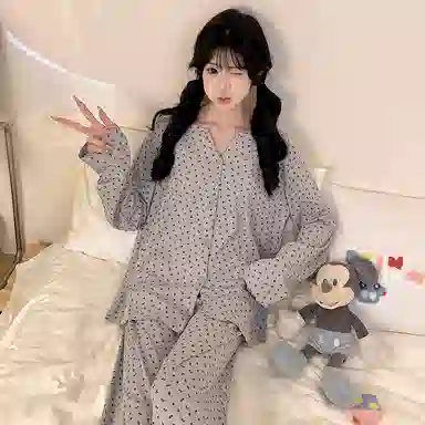 静英鸾 冰丝螺纹长袖长裤圆领开衫韩系小碎花印花家居服春秋季睡衣套装 女款