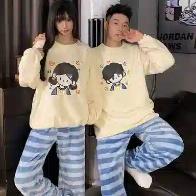 静英鸾 珊瑚绒保暖加绒加厚卡通男孩可爱女孩圆领长袖长裤休闲家居服睡衣套装 男女同款