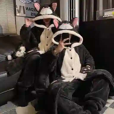 静英鸾 可爱小猫甜美风珊瑚绒加厚加绒保暖家居服秋冬季睡衣套装 男女同款