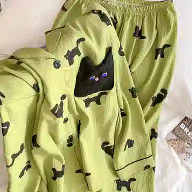 静英鸾 翻领卡通小猫慵懒甜美风休闲时尚家居服睡衣套装 女款