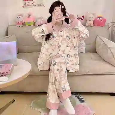 静英鸾 仿棉带胸垫长袖长裤翻领开衫卡通甜美腊肠狗家居服春秋季睡衣套装 女款