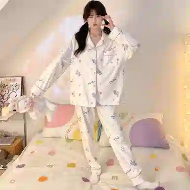 静英鸾 德绒长袖长裤翻领开衫可爱卡通兔子两件套家居服秋冬季保暖套装 女款