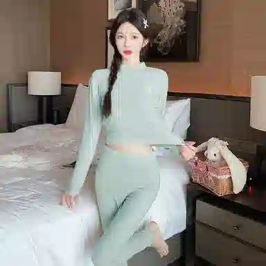 静英鸾 德绒长袖长裤圆领套头简约纯色小清新两件套家居服秋冬季保暖套装 女款