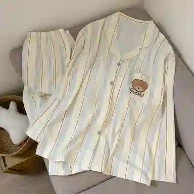 静英鸾 翻领开衫卡通条纹小熊可爱长袖长裤休闲家居服秋冬季睡衣套装 女款