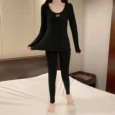 静英鸾 德绒长袖长裤圆领套头纯色简约柔软舒适家居服秋冬季保暖套装 女款