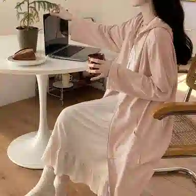 静英鸾 德绒长袖长裙连帽拉链纯色简约柔软休闲家居服秋冬季保暖套装 女款