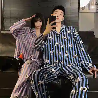 静英鸾 秋季翻领条纹腊肠狗甜美风休闲舒适可外穿家居服睡衣礼盒 男女同款