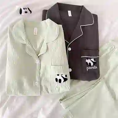 静英鸾 长袖卡通熊猫图案翻领宽松家居服睡衣套装 男女同款