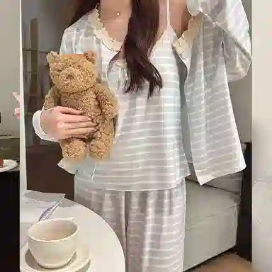 静英鸾 德绒保暖加厚长袖长裤吊带带胸垫可爱甜美条纹舒适休闲三件套家居服秋冬季睡衣套装 女款