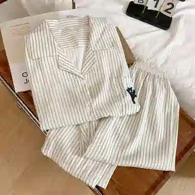 静英鸾 情侣舒适简约条纹卡通图案长袖长裤家居服睡衣套装 男女同款